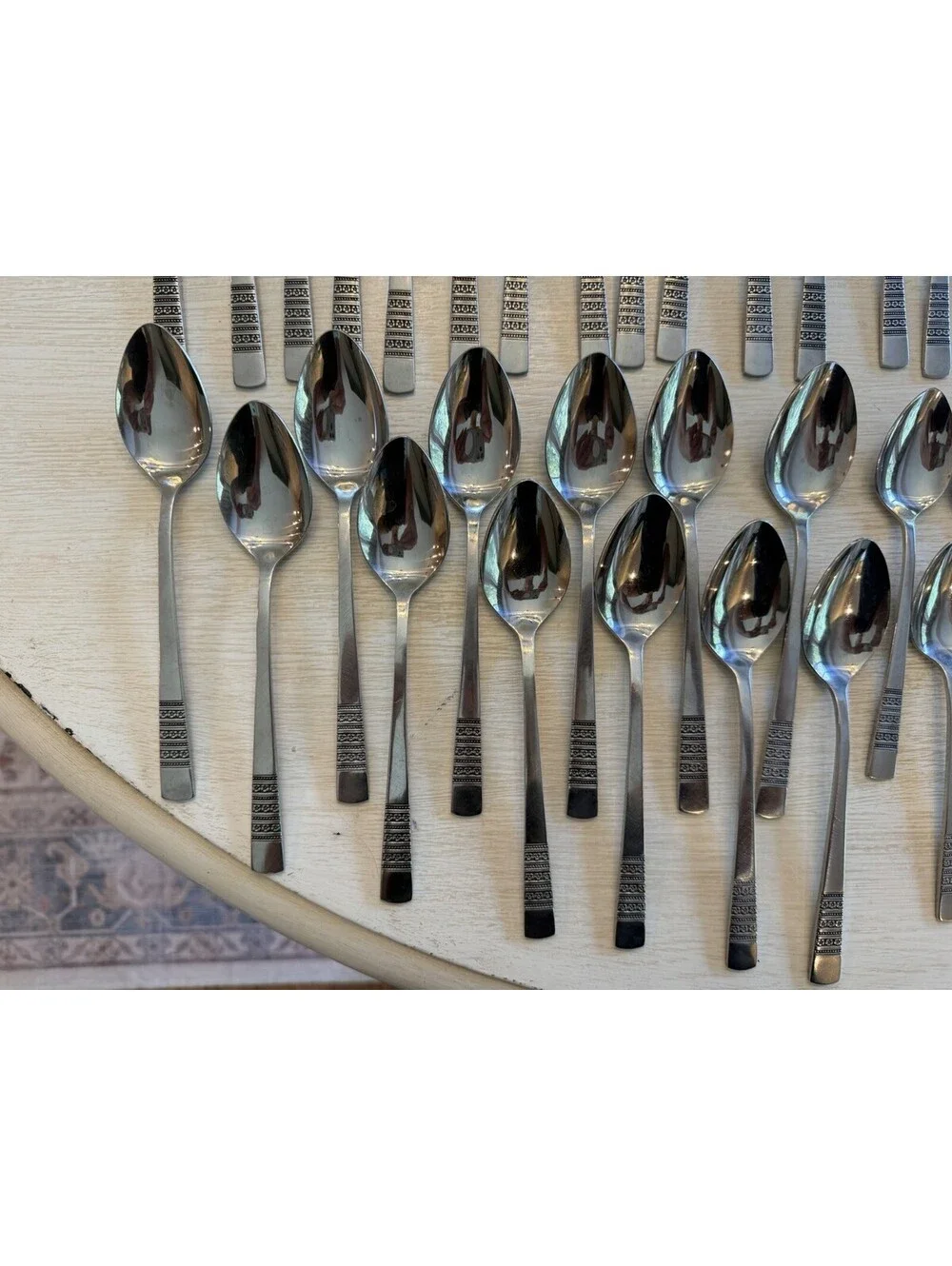 Vtg MCM Imperial International Stainless Steel Flatware Floral Band 60 Pcs Rare